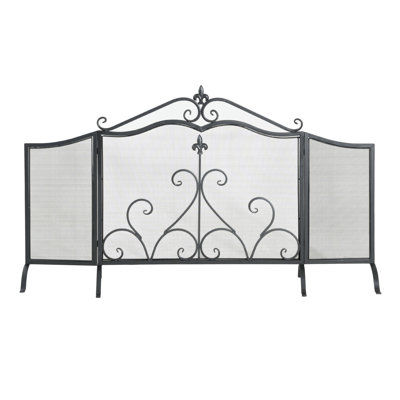  Onyx 3-Panel Iron Fireplace Screen with Fleur-de-Lis Scrollwork, Black Finish