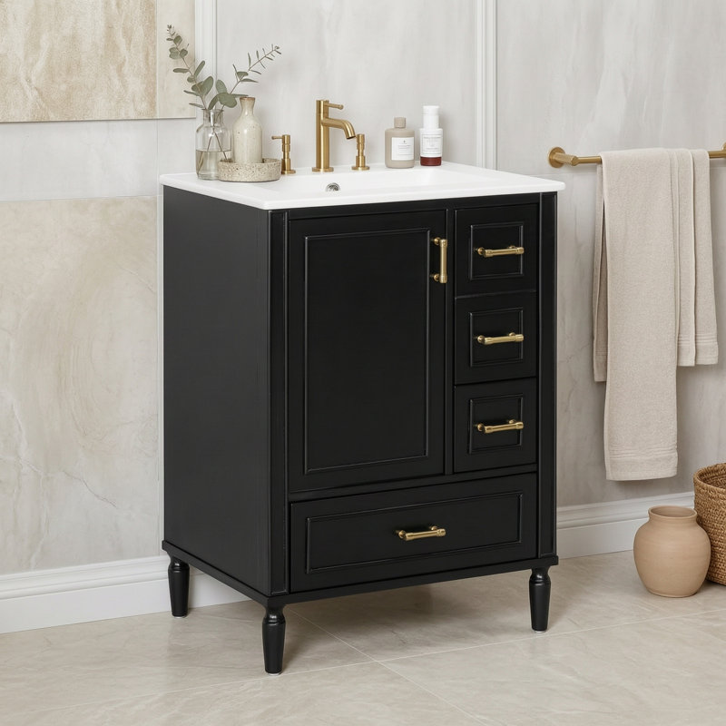 Meuble-lavabo en bois 24 po avec lavabo, poignées, tiroirs et porte 24 po, Noir