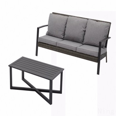 2-Piece Wicker Patio Conversation Set With Gray Cushions & Coffee Table