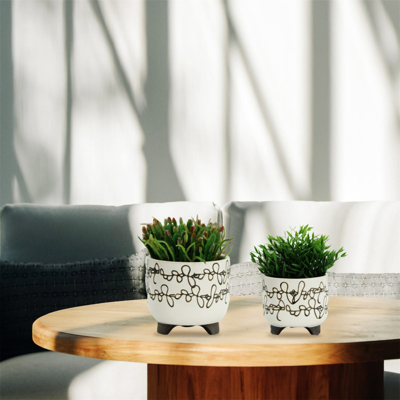 S/2 Ceramic 6/8" Scribble Footed Planter