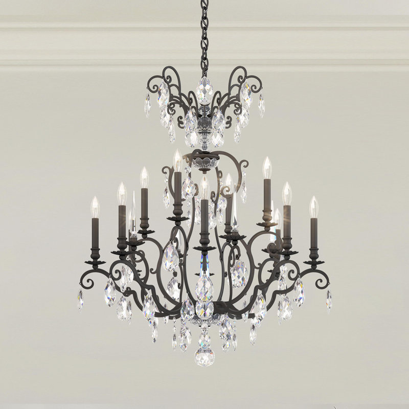 Renaissance Nouveau 12 Light 32in x 38in Chandelier in Heirloom Gold with Clear Heritage Handcut Crystals, Black
