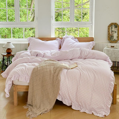 Gingham Ruffled Duvet Cover Set, Pre-Washed Microfiber Ultra-Soft Plaid Checked Comforter Cover Set
