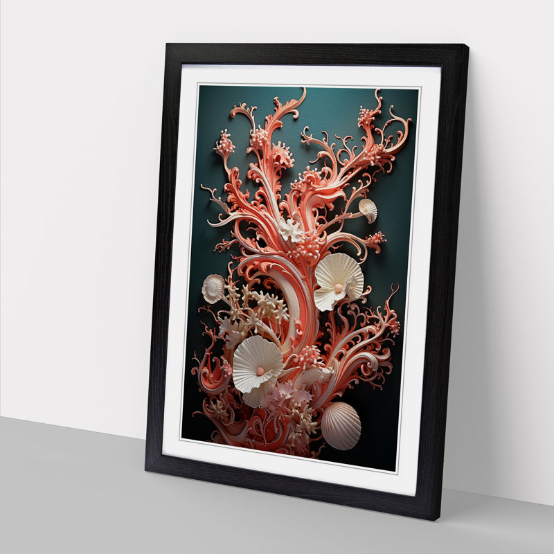 Coral Baroque - Single Picture Frame Print on Wood, 64cm H x 46cm W x 2cm D, Black Framed