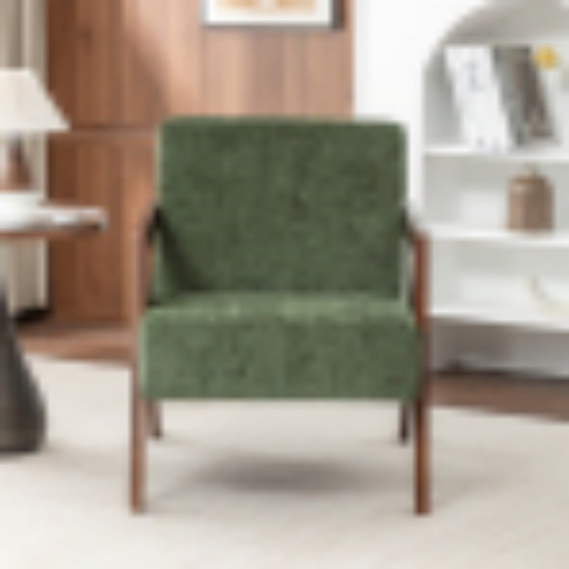 Fauteuil d'appoint en chenille verte, monobloc, style moderne du milieu du siècle, mousse haute densité, structure en bois d'hévéa, accoudoirs incurvés