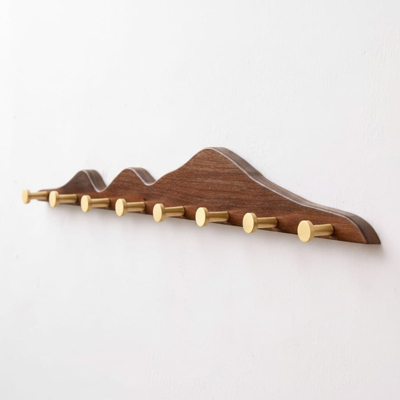29" Gold Brass Wooden Wall Coat Rack (8 Hooks) - Heavy Duty Entryway Decorative Rail
