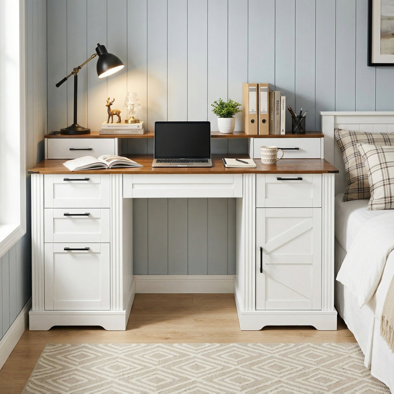 59 Inch Farmhouse Office Desk, Computer Desk with Barn Door Design, Charging Station, Storage Cabinet, File Drawer & Keyboard Tray