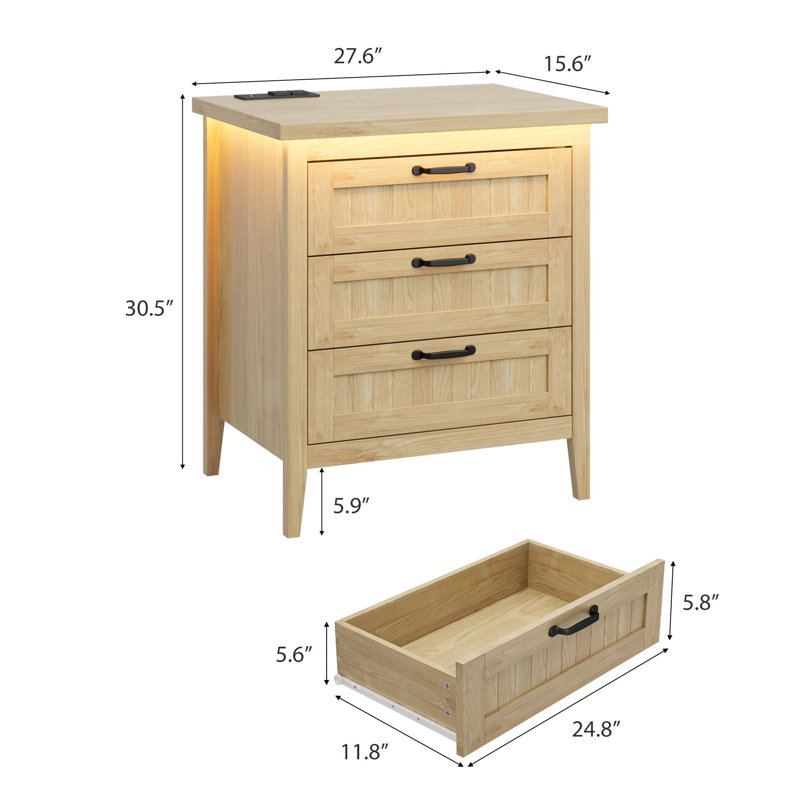 Commode compacte à 3 tiroirs - lumières DEL et station de charge, finition bois naturel pour chambre à coucher (naturel)