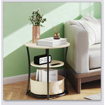 Table basse Table d'appoint ronde avec station de charge, table de bout à 3 niveaux avec sac de rangement en tissu et tablette