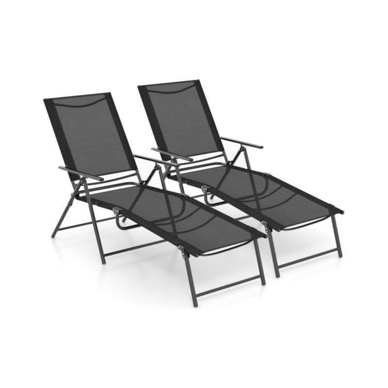 Black Metal Folding Chaise Lounge Chairs with Adjustable Backrest
