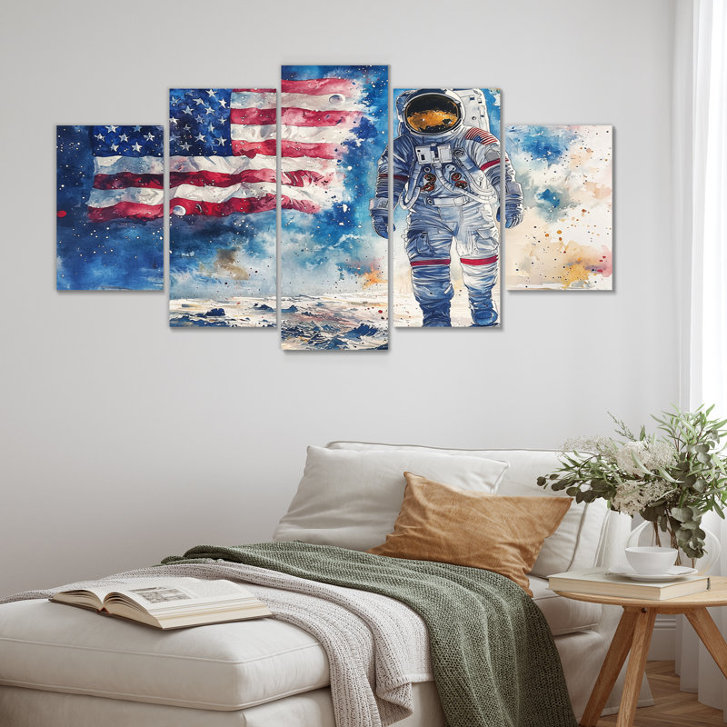 Drapeau des États-Unis sur l'atterrissage de la lune IV - art mural espace - ensemble d'art mural astronomie 5 pièces