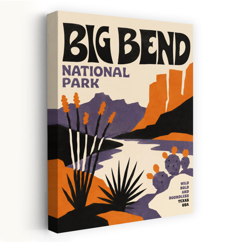 Big Bend National Park Retro Vintage Abstract Cactus Landscape Mountain Wall Art Print 1 Piece Wrapped Canvas Wall Art