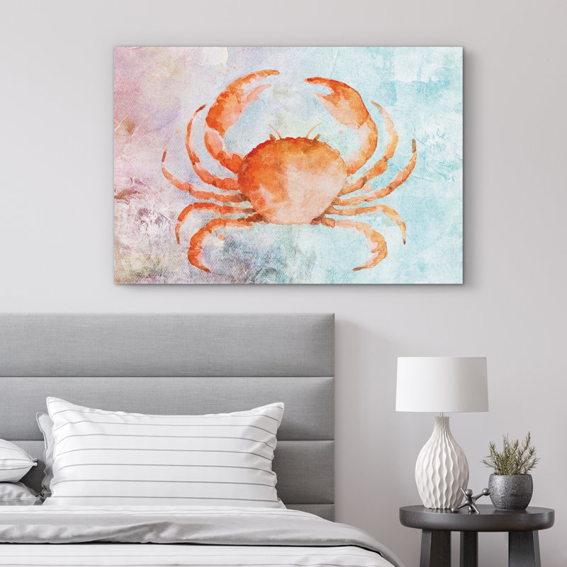 Art nautique crabe orange aquarelle sur fond abstrait pastel coloré, impression sur toile tendue