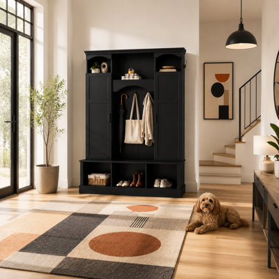 Rittman Elegant Hall Tree with Curved Arch Top, 5-Level Adjustable Dual Side Cabinets, Matte Black Hardware, and Anti-Tip Kit