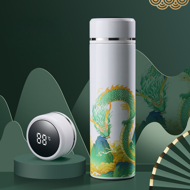 Bouteille d'eau isotherme isotherme de voyage, thé et café avec crépine amovible et température avec art chinois - 16,9 oz liq. (Dragon blanc)