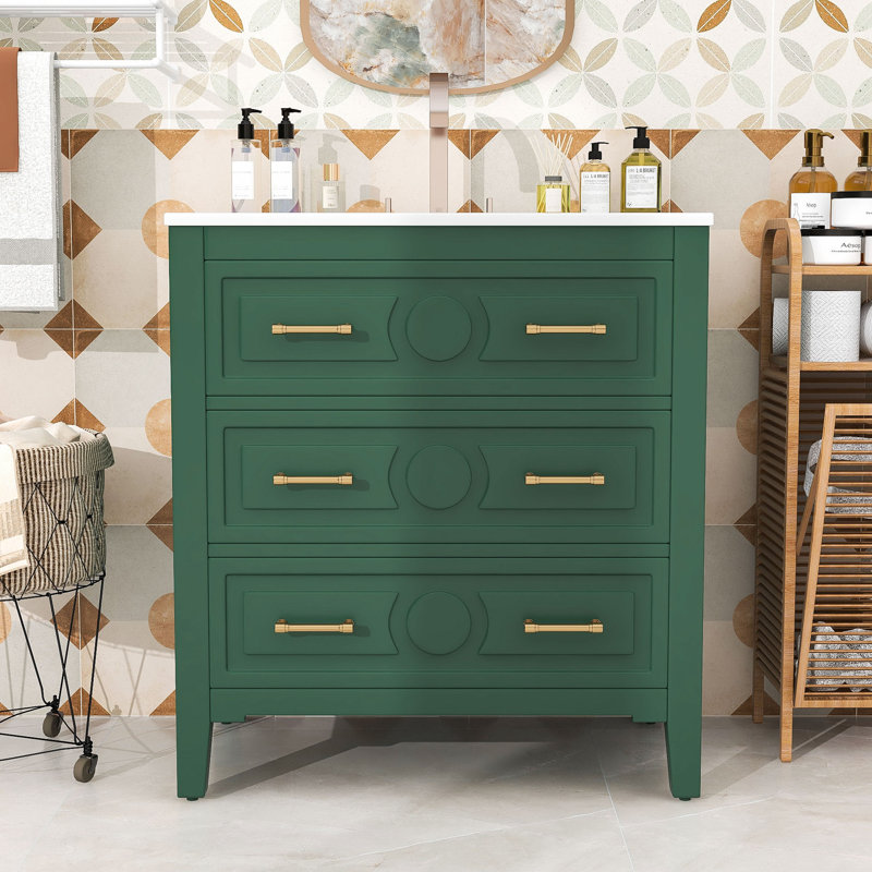 Élégant meuble-lavabo en bois avec lavabo et tiroirs, Vert