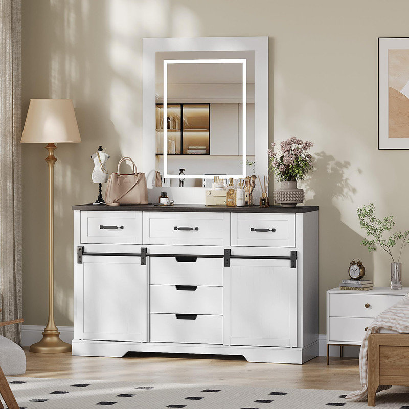 Commode 6 tiroirs avec portes coulissantes et miroir lumineux, pour chambre à coucher ou salon