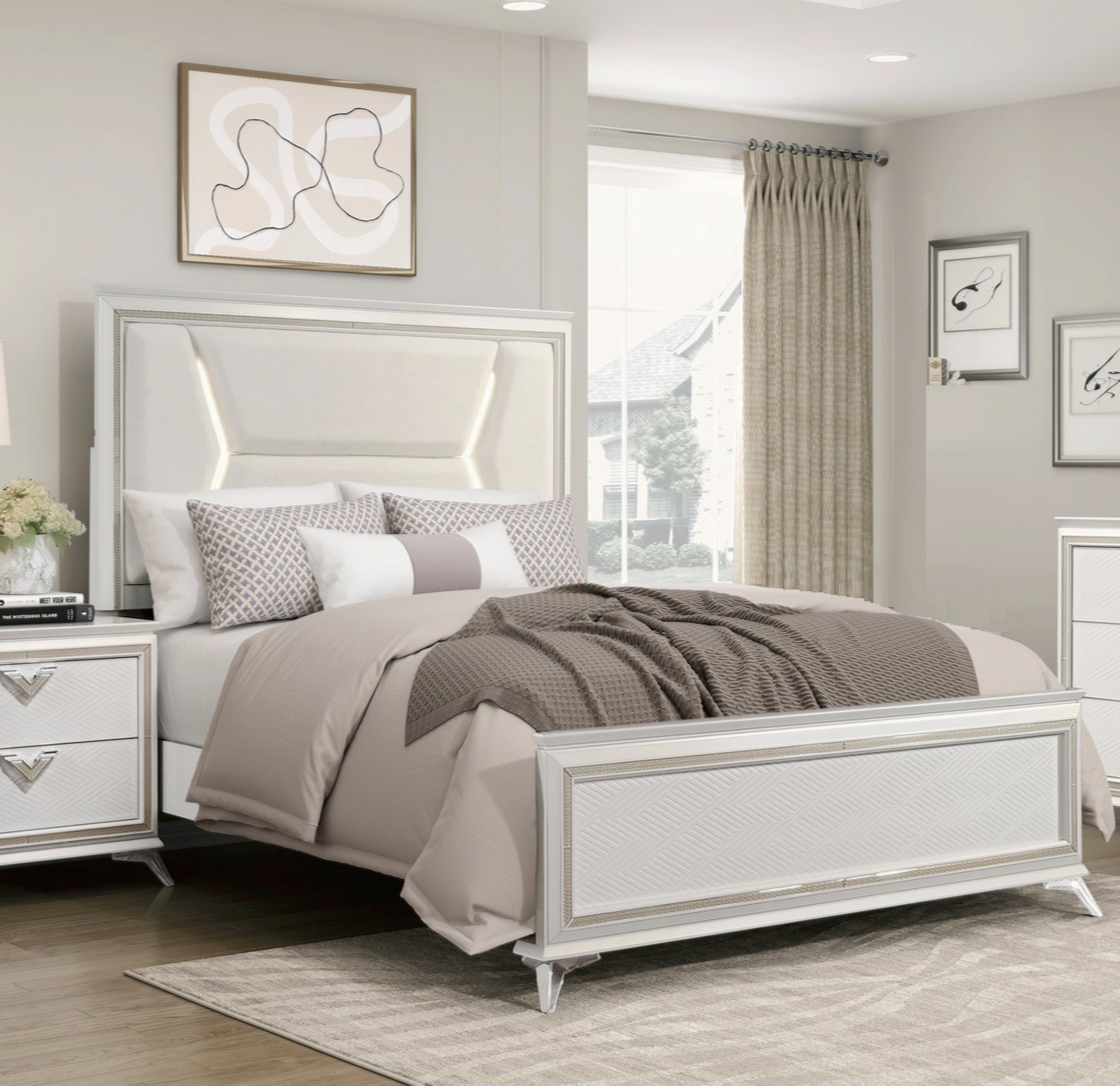 Orren Ellis 1Pc Modern Luxury Queen Bed Upholstered Headboard With LED