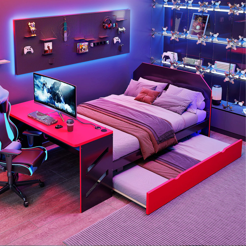Lit en bois avec lit gigogne, bureau et port USB, Rouge