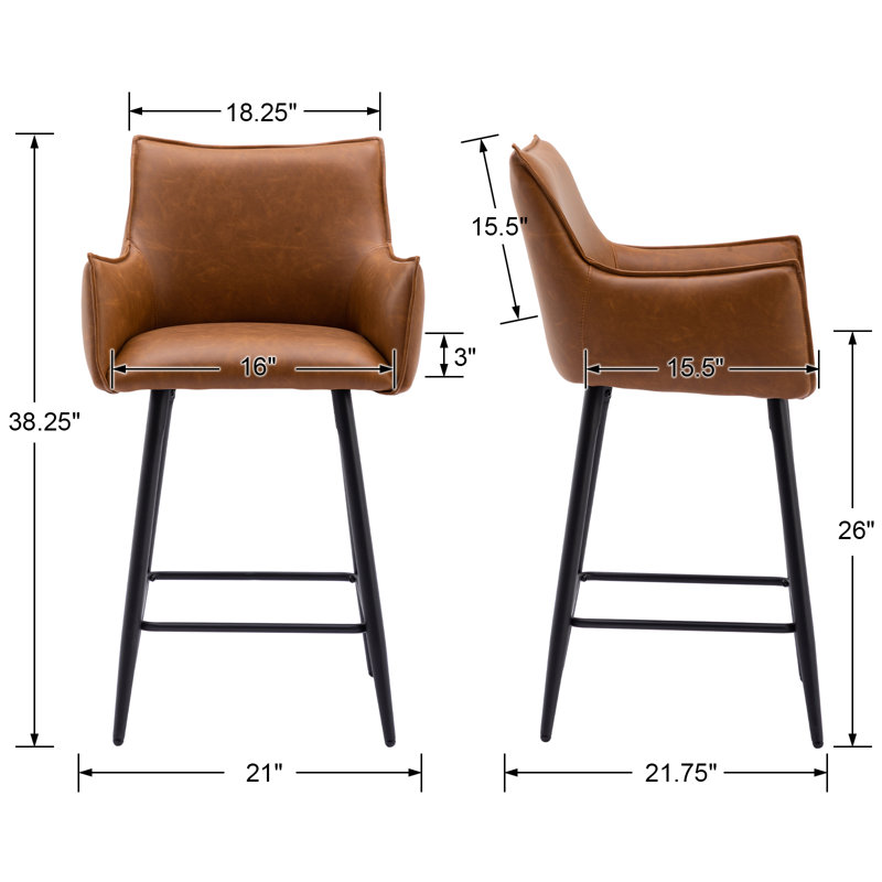 Brown Leather Upholstered Counter Stools with Metal Frame, Set of 2