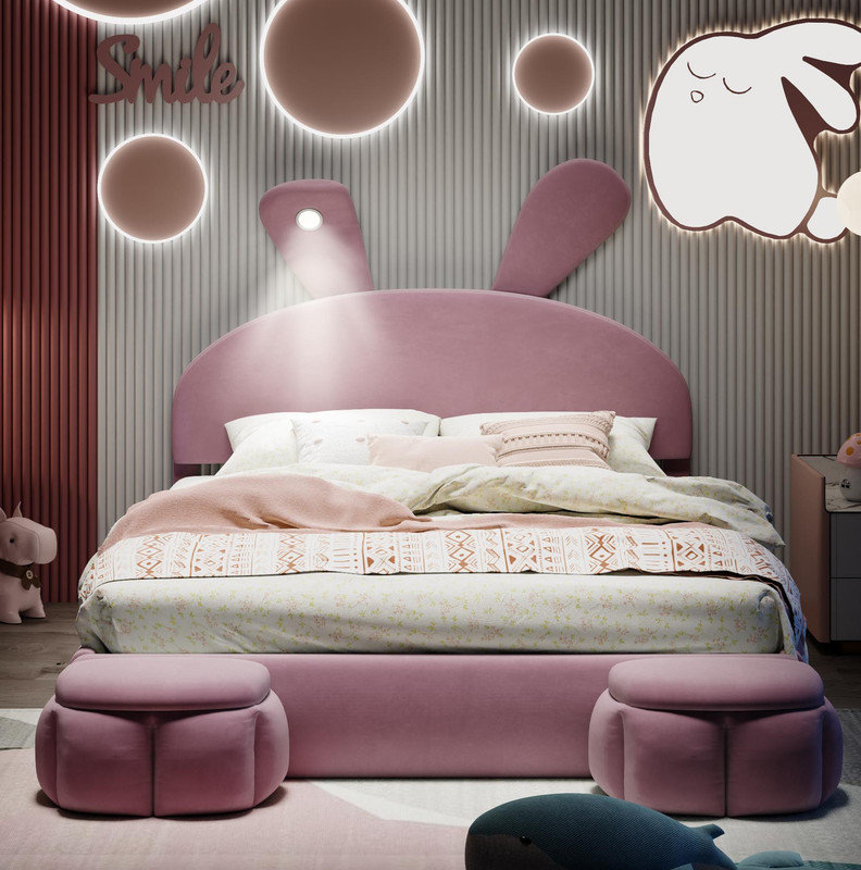 Mignonne tête de lit et lit plateforme tapissier en velours, Lit double