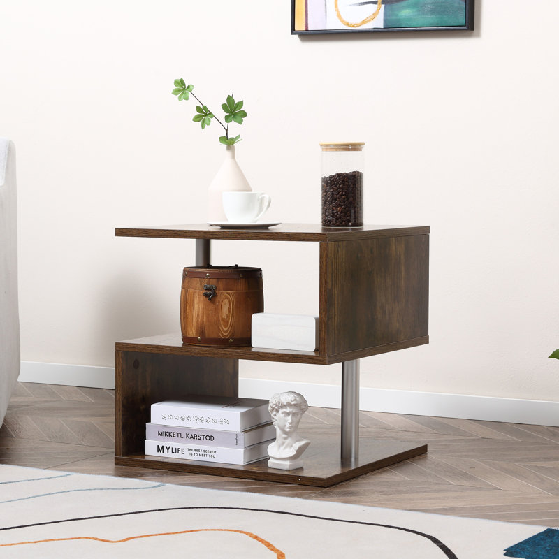 Table de bout moderne de 20 po Homcom, table d'appoint en forme de S avec tablette de rangement et poteaux en acier, finition brun rustique