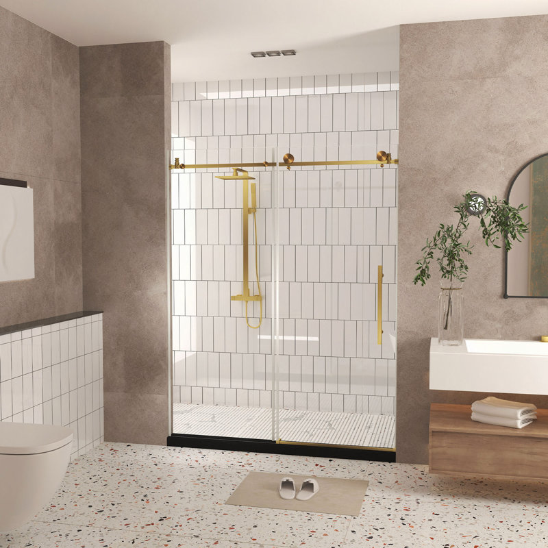 Frameless Shower Door 44-48"W X 76" H, 1/4 "(6 Mm) Clear Tempered Glass, Explosion Proof Film, Stainless Steel Handle