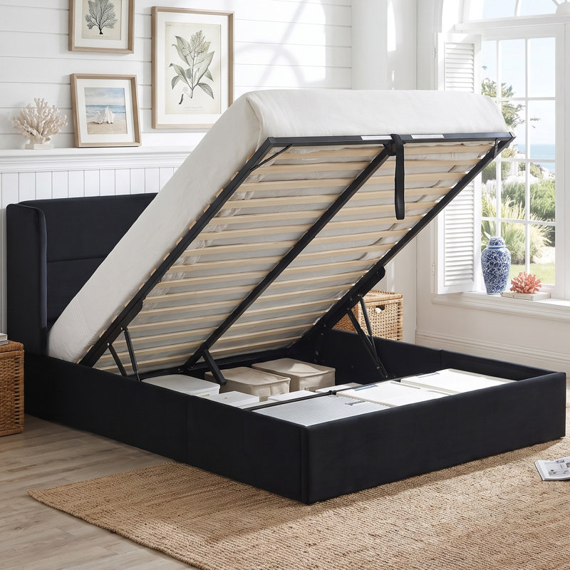 Lit plateforme tapissier avec rangement Gaillarde, Double, Noir