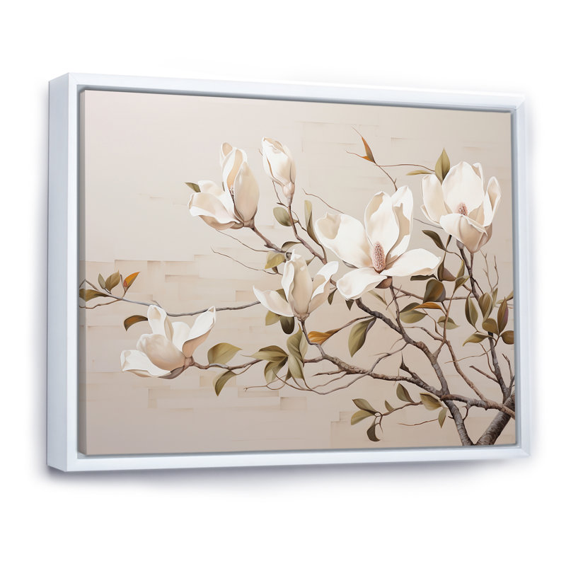 Magnolias rêveuses beiges en fleurs II, Cadre flottant blanc, H 12 po x l 20 po x P 1 po
