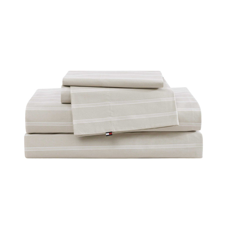 Tommy Hilfiger Printed Percale Cotton Sheet Set, King Sheet Set with 2 Pillowcases, Beige Striped