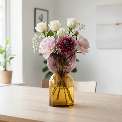 Vase en verre rose moyen et jaune