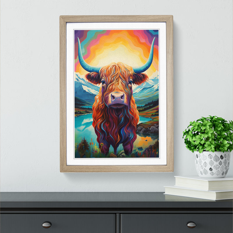 Highland Cow Futurism No.2 - Framed Print, 64cm H x 46cm W x 2cm D, Oak