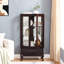 Vitrine en cerisier foncé avec tablettes flexibles, 2 portes, 1 tiroir, illuminé, présentoir de rapport rétro en métal - cerisier, tablettes réglables, ampoule incluse, poignée