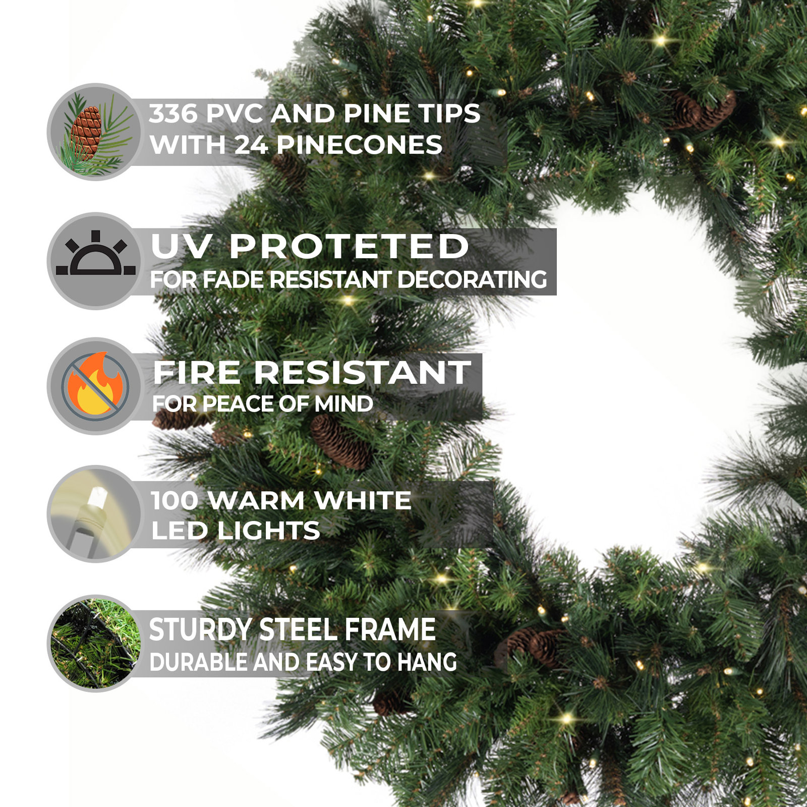 Faux Fir Lighted Wreath, 31" H x 10" W x 31" D