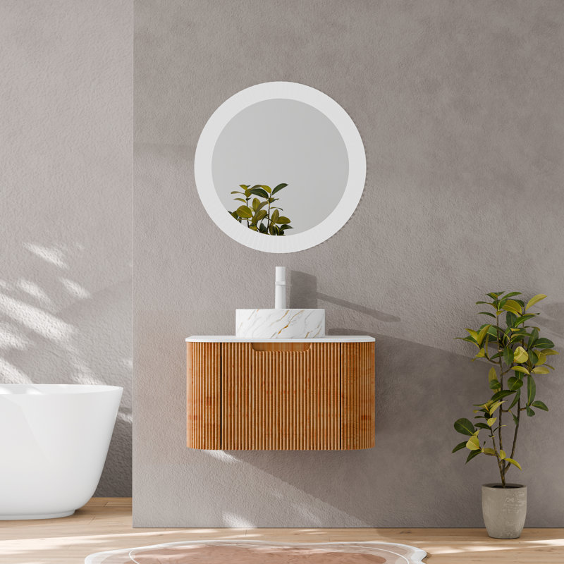 24" Modern Natural Wood Texture Floating Bathroom Vanity With Artificial Marble Basin