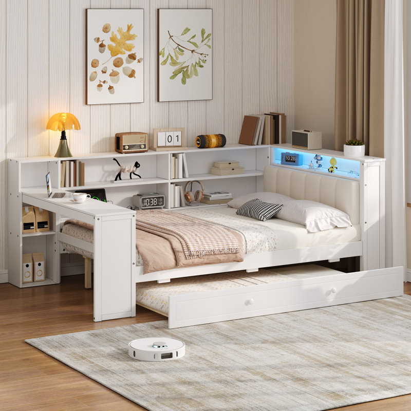 Full Size LED Platform Bed with Storage, Trundle, Desk, Charging Station and Upholstered Headboard - 8 Shelves, Beige/White