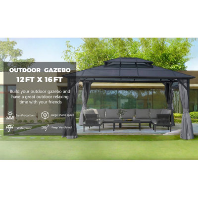 12X16ft Hardtop Gazebo Double Roof Canopy Outdoor With Netting And Curtains, Aluminum Frame Polycarbonate Roof Garden Tent For Patio