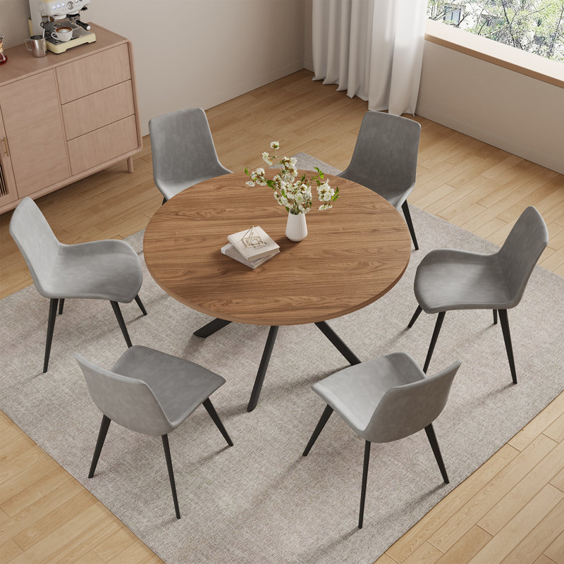 45.3"l Round Modern Kitchen Dining Table With 32.4"h Dining Chair, 7 Pieces: Table, 6 Chairs, Gray