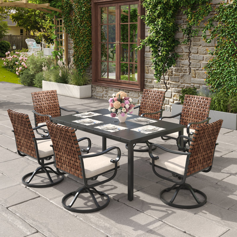 Ensemble repas extérieur pour 6 personnes avec fauteuil pivotant en osier, Noir