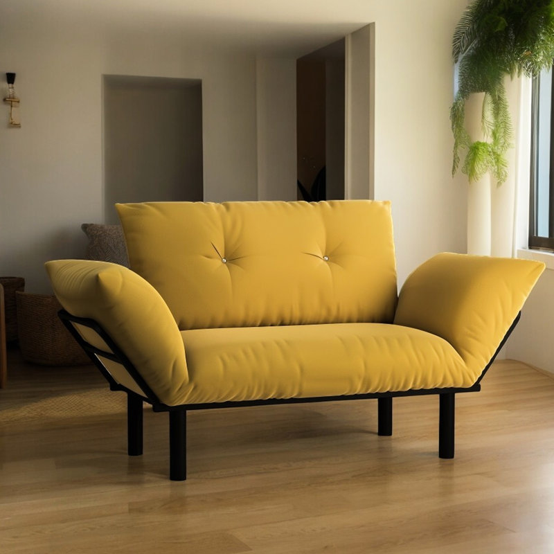 Causeuse jaune, pièce peu encombrante, pieds hauts, futon avec, choix de couleurs, rembourrage intérieur en mousse, structure en métal, options de guide d'assemblage, rembourrage, structure,