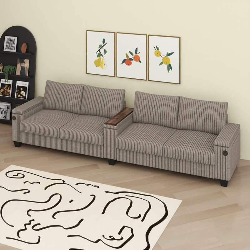 Canapé moderne avec ports USB, accoudoirs de rangement cachés, porte-gobelets rabattables, Brun