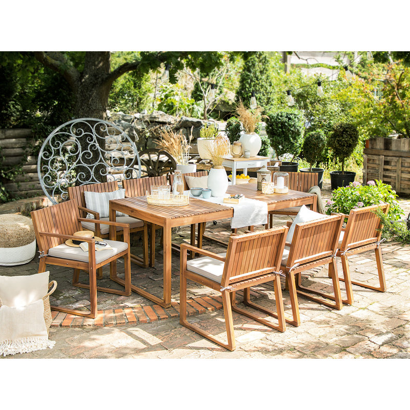 Iwar 6 - Person Acacia Wood Patio Dining Set with Rectangular Table , Cushions Included, Taupe 