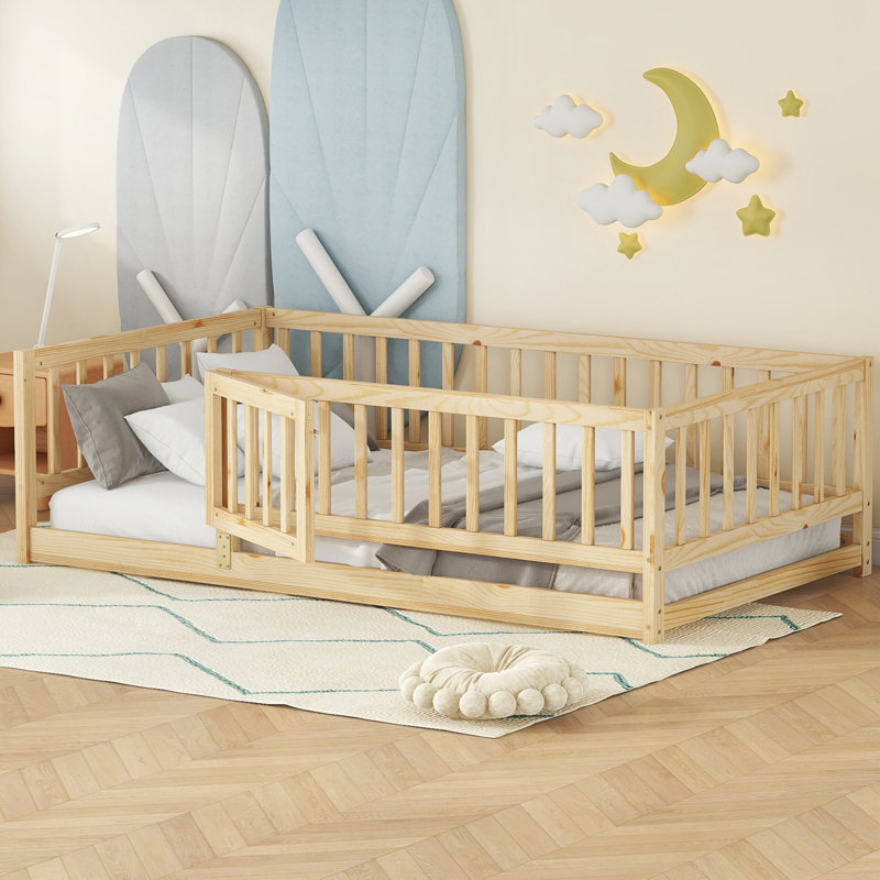 Twin Size Montessori Floor Bed with Slats, Fence, and Door for Kids, Sturdy Pine Wood Construction, Multi-Functional Design