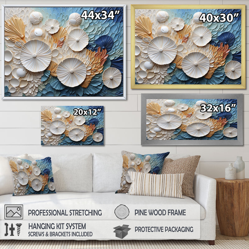 Coastal Seashell Tranquility I - coquillage sur toile, art mural, Cadre flottant doré, H 30 po x l 40 po x P 1,5 po