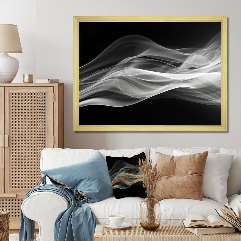Black White Contemplative Abstraction II - Abstract Modern Waves Wall Art, Gold Single Picture Framed, 16" H x 32" W x 1" D