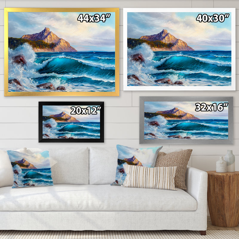 «Beautiful Blue Ocean Sunset And Waves II» - Décoration murale en toile nautique et côtière, Cadre photo argenté