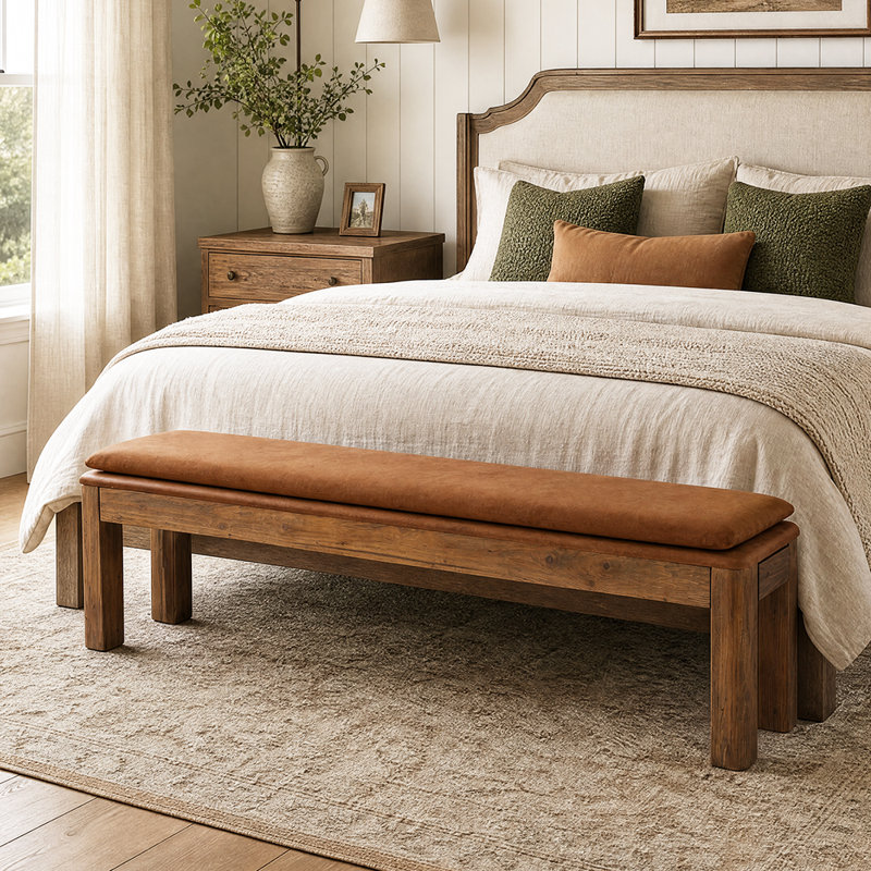 Banc rembourré en bois massif extra long de 70,87 po