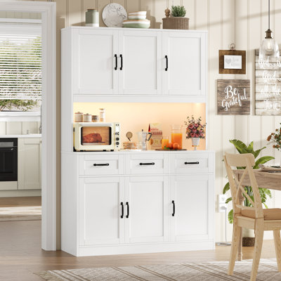 71.6"H Kitchen Pantry With LED Lights, Large Kitchen Hutch Storage With Microwave Shelf & Charge Station
