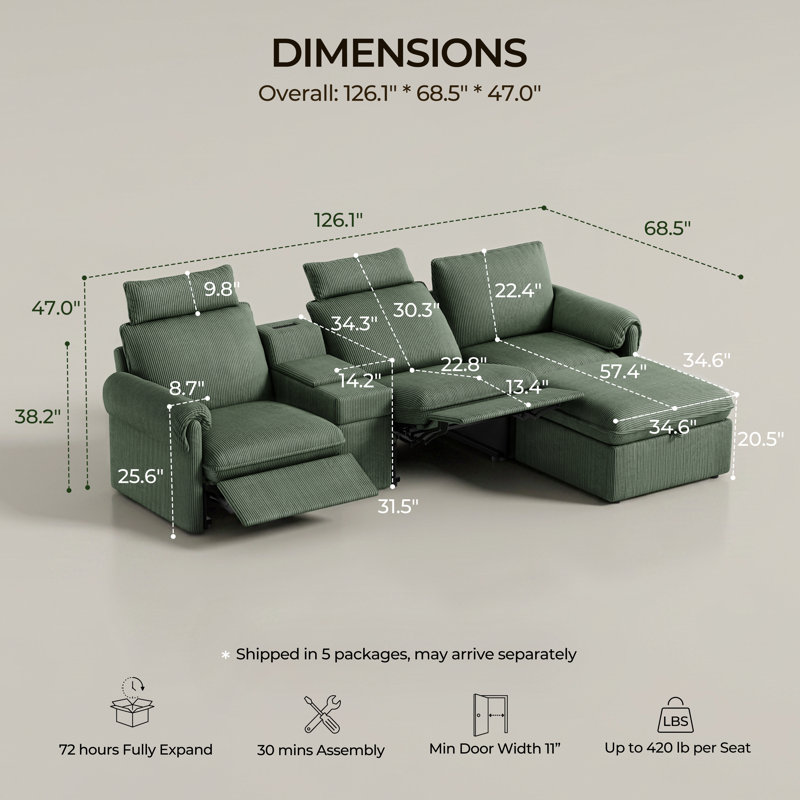 Canapé d'angle 4 places moderne et modulable avec fauteuil inclinable électrique, console et pouf de rangement, en tissu velours côtelé, vert.