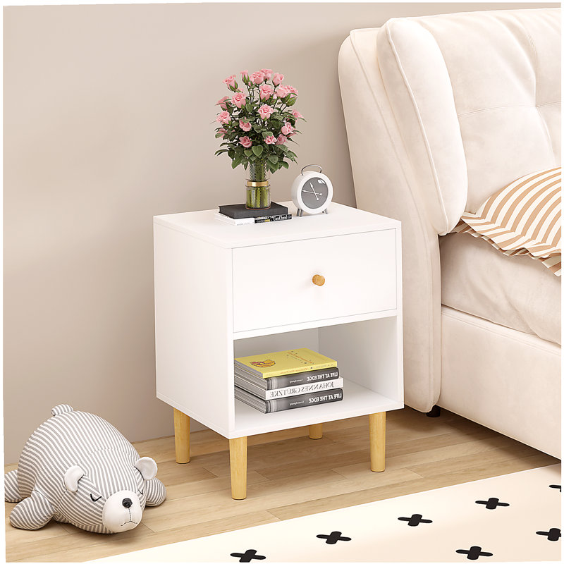 Table de chevet en bois de 23,22 pouces de hauteur avec un tiroir et une tablette, adaptée aux enfants et aux adultes, blanc