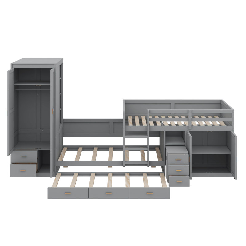 Lit superposé simple avec bureau gigogne gigogne et tiroirs de rangement, Gris